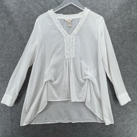 Sundance Womens Long Sleeve Ruffle Neck Hi Lo Blouse Size M White Cotton Boho - Picture 4 of 9